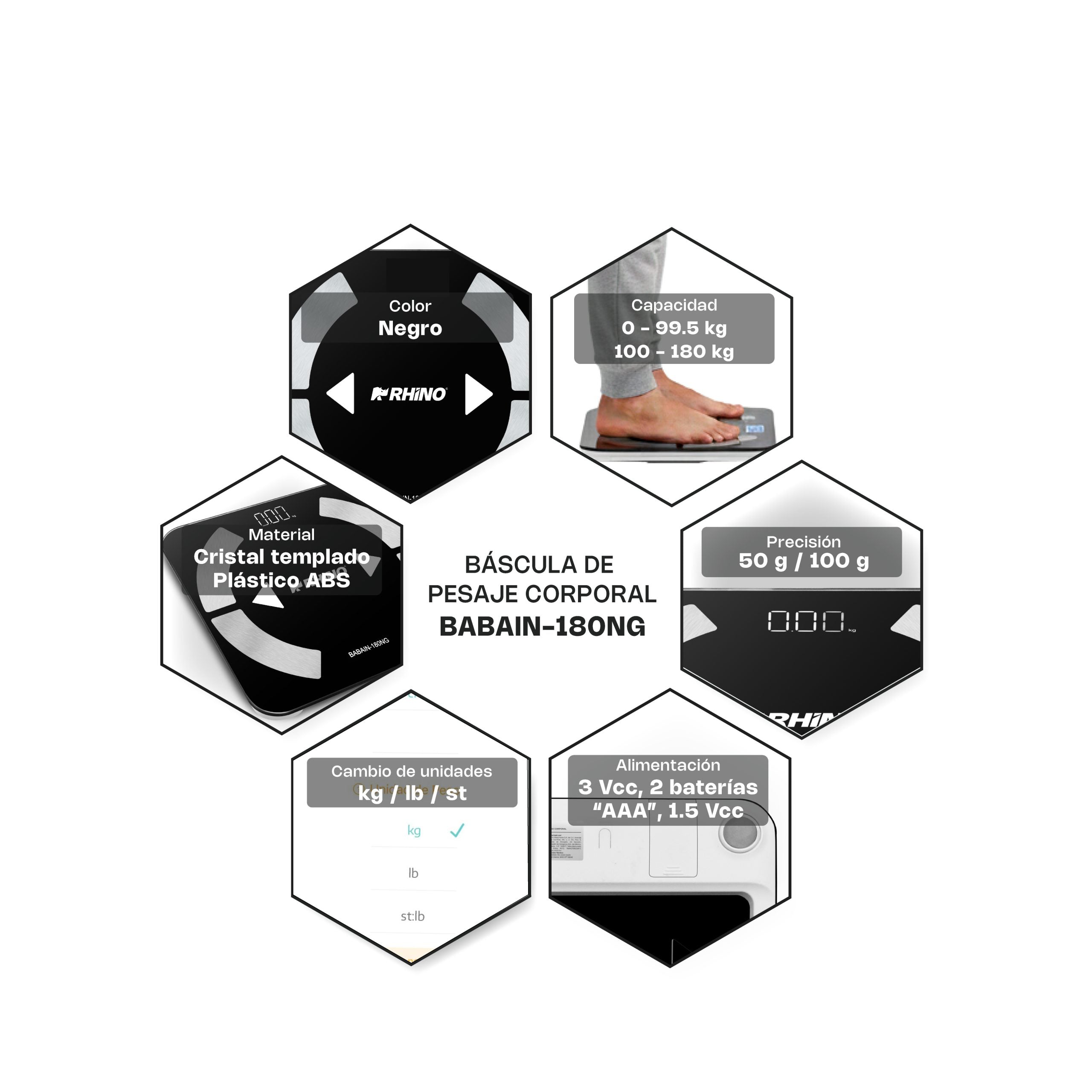 Báscula Inteligente para Peso Corporal de 180 kg con Bluetooth y Pantalla LED 8pz Rhino BABAIN-180NG