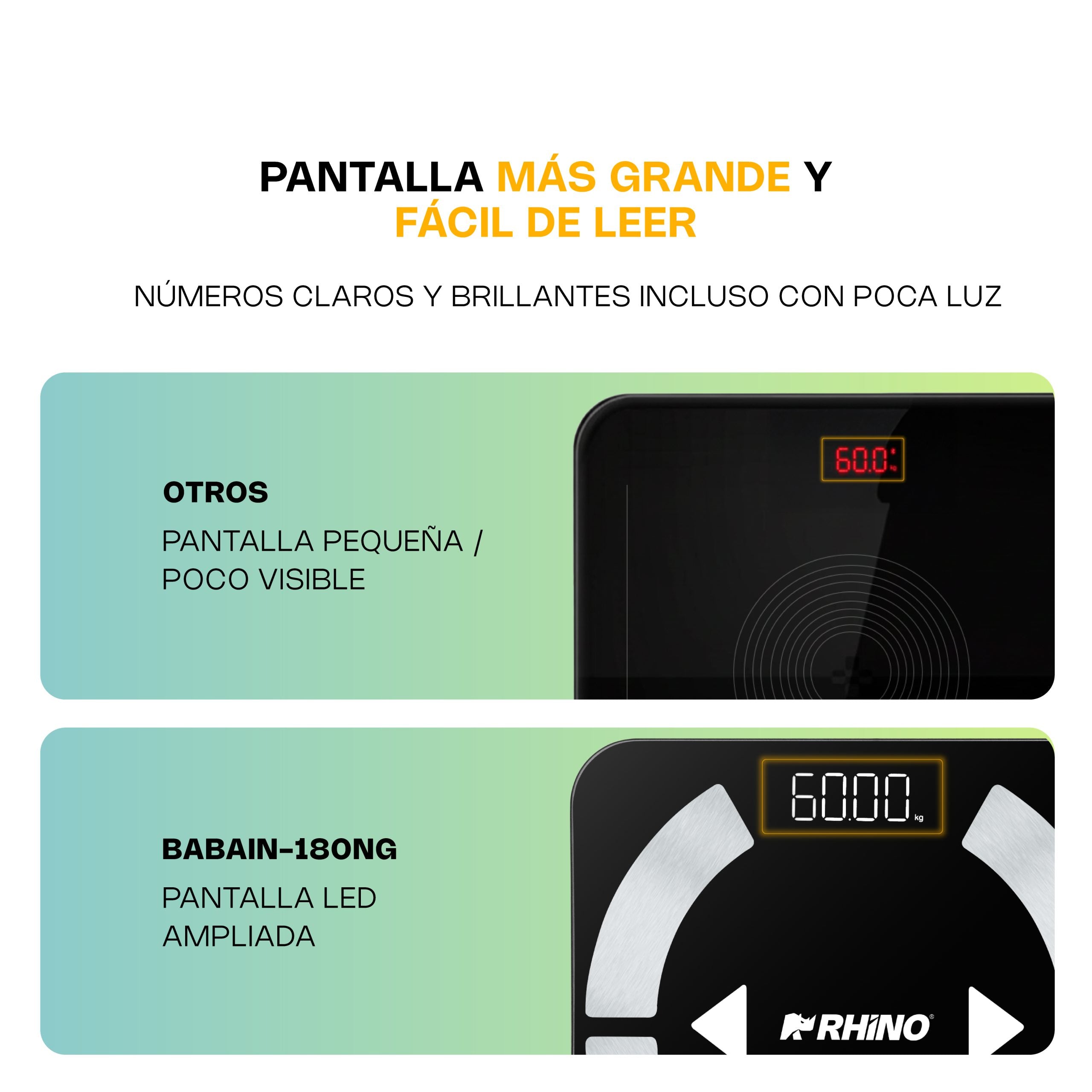 Báscula Inteligente para Peso Corporal de 180 kg con Bluetooth y Pantalla LED 8pz Rhino BABAIN-180NG