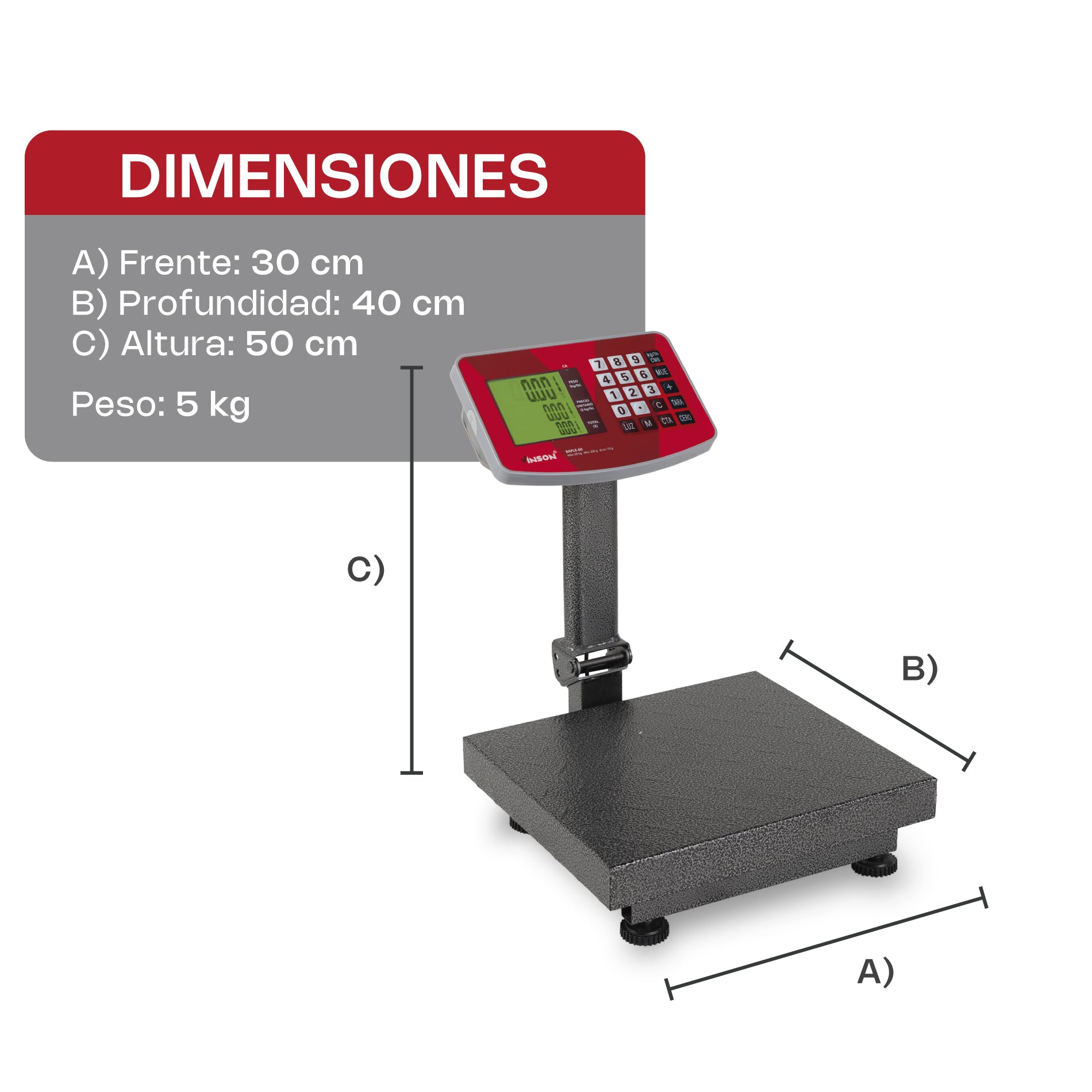 Báscula de Plataforma Plegable Comercial de 100 kg con Doble Pantalla 4pz Vinson BAPLE 60