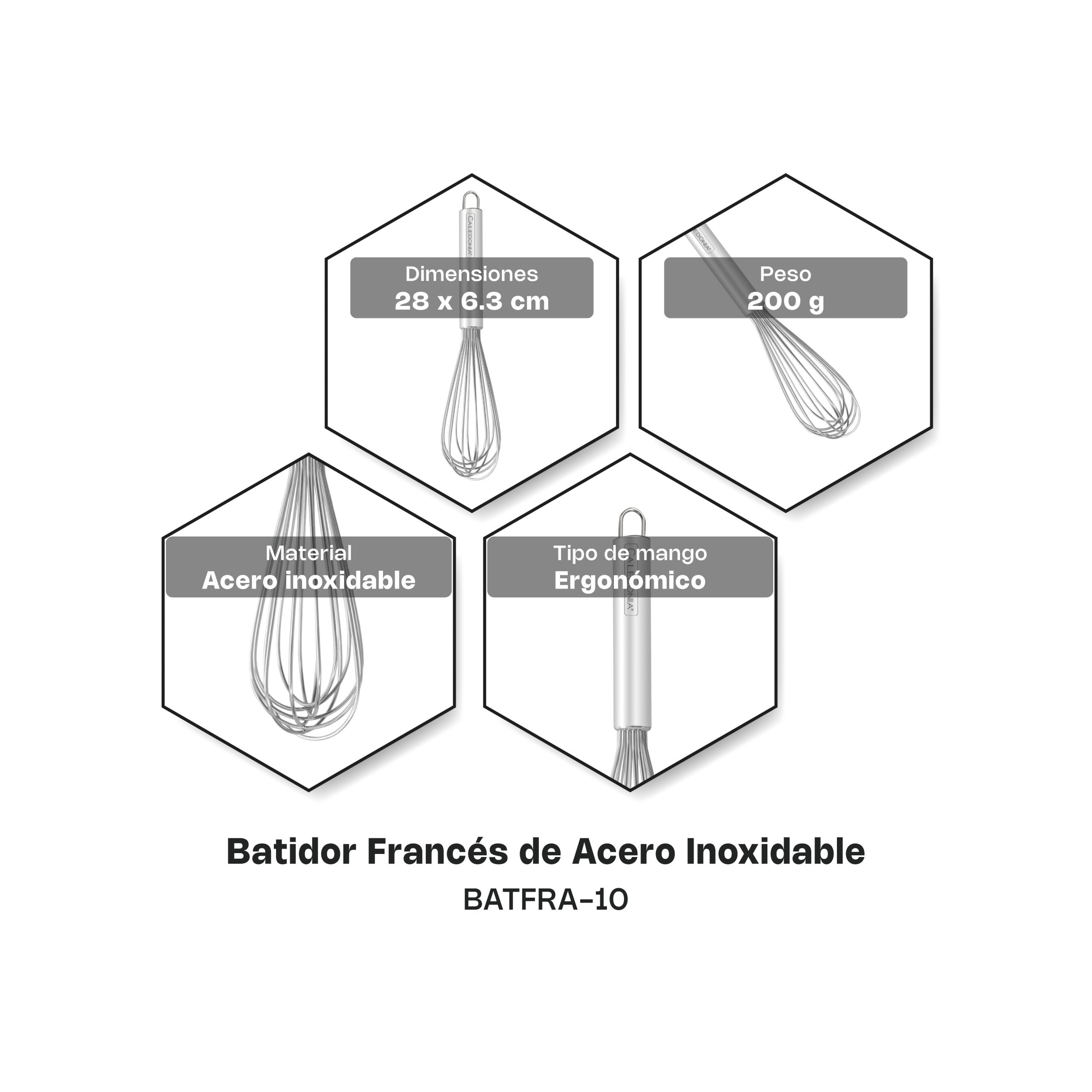Batidor Francés de Acero Inoxidable de 28 cm para Cocina 6pz Caledonia BATFRA-10