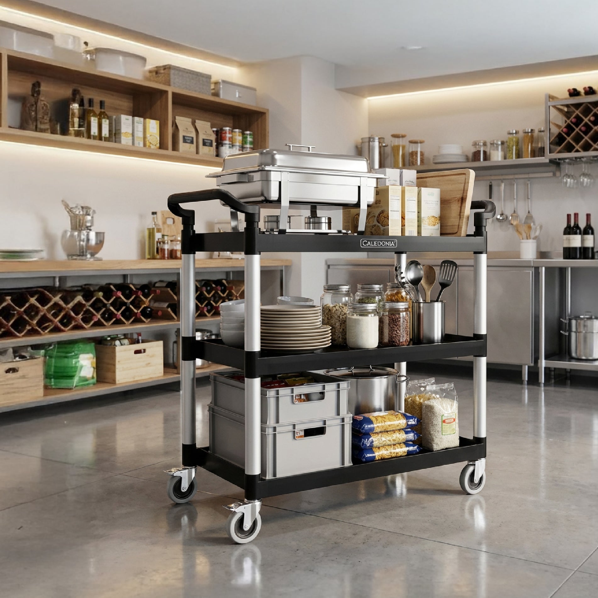Carrito de Servicio Multiusos de 3 Niveles con Frenos y Capacidad de 100 kg Caledonia CARSEP-03