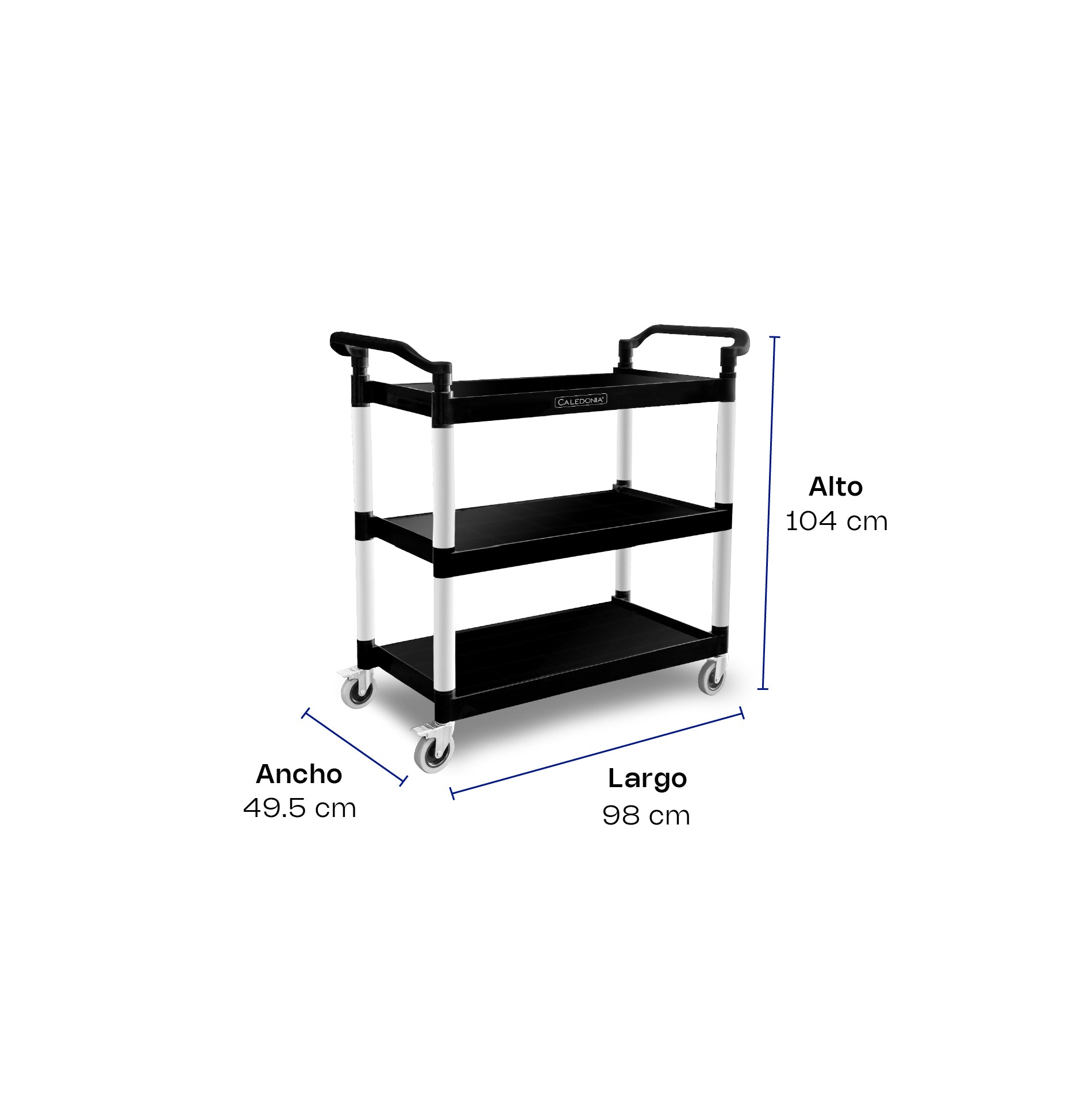 Carrito de Servicio Multiusos de 3 Niveles con Frenos y Capacidad de 100 kg Caledonia CARSEP-03
