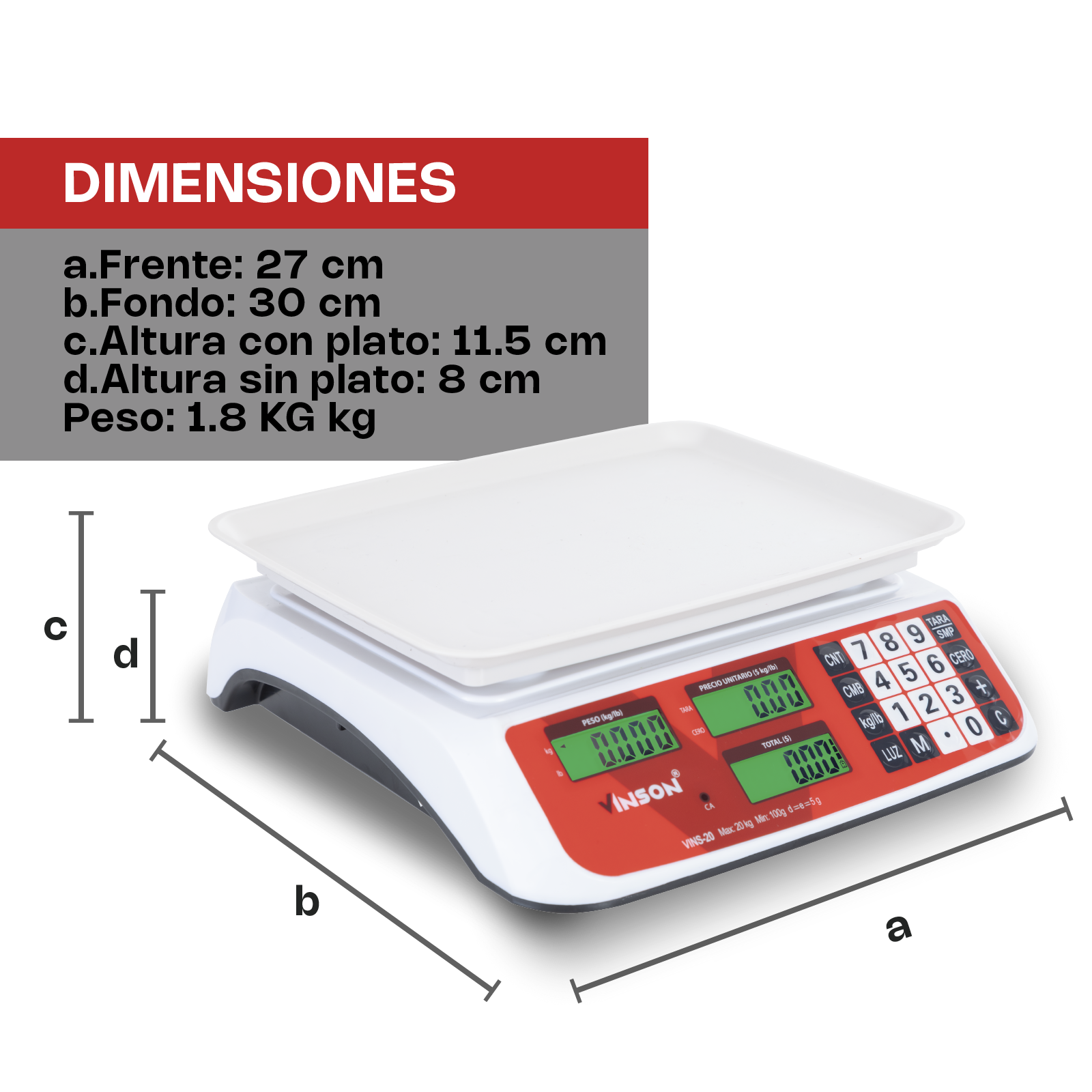Báscula Electrónica Comercial de 20 kg con Función de Caja Registradora y Conteo de Piezas 5pzVinson VINS-20