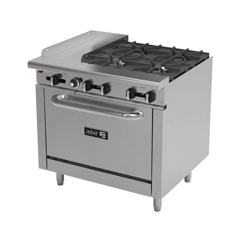 Estufa múltiple industrial 4 quemadores, plancha y horno marca Asber modelo AEMR-G12-B4-36 freeshipping - Innova FoodService