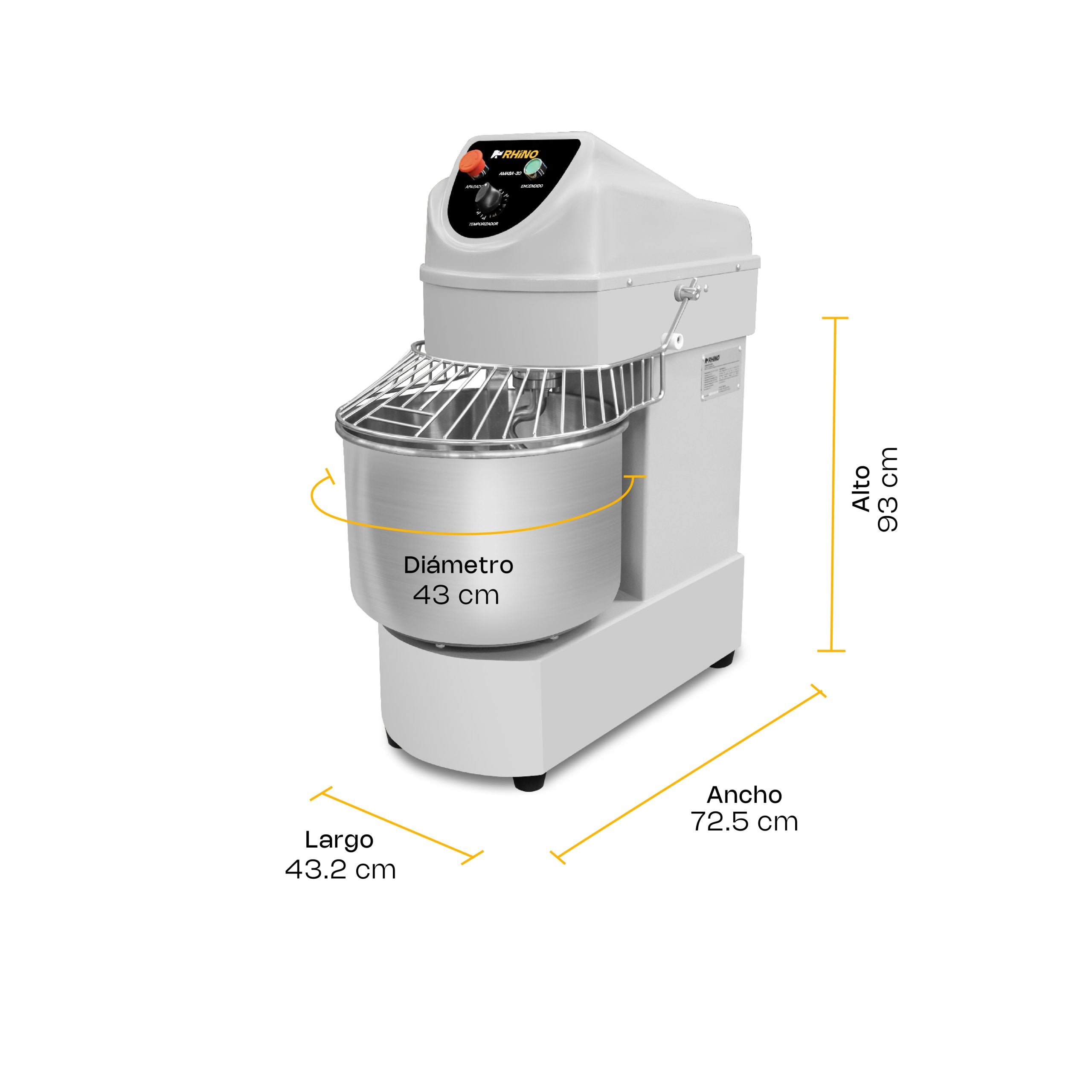 Amasadora de Espiral 30L / 13kg Harina Doble Acción 1,500W Monofásica Rhino AMASA-30