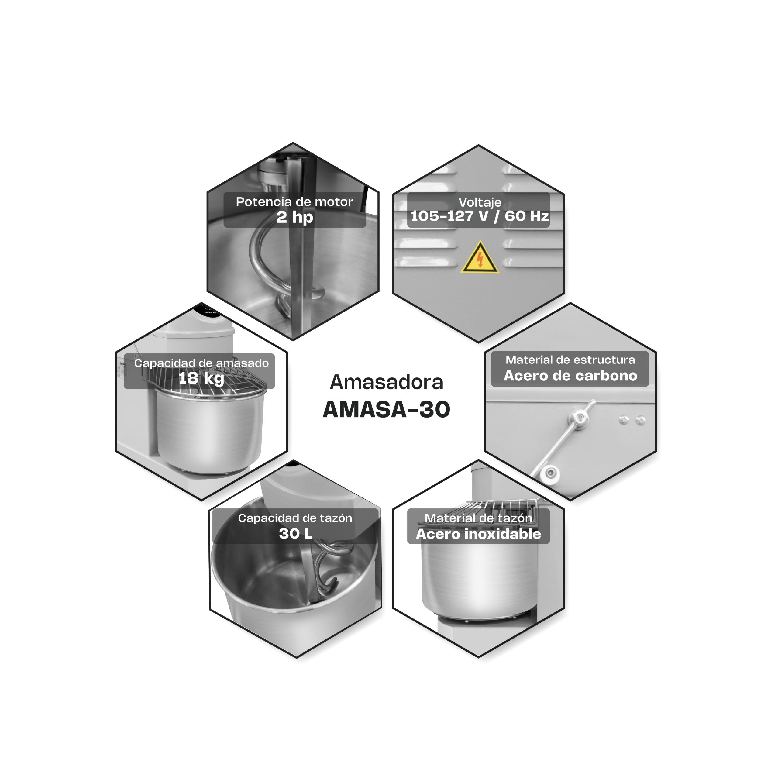 Amasadora de Espiral 30L / 13kg Harina Doble Acción 1,500W Monofásica Rhino AMASA-30