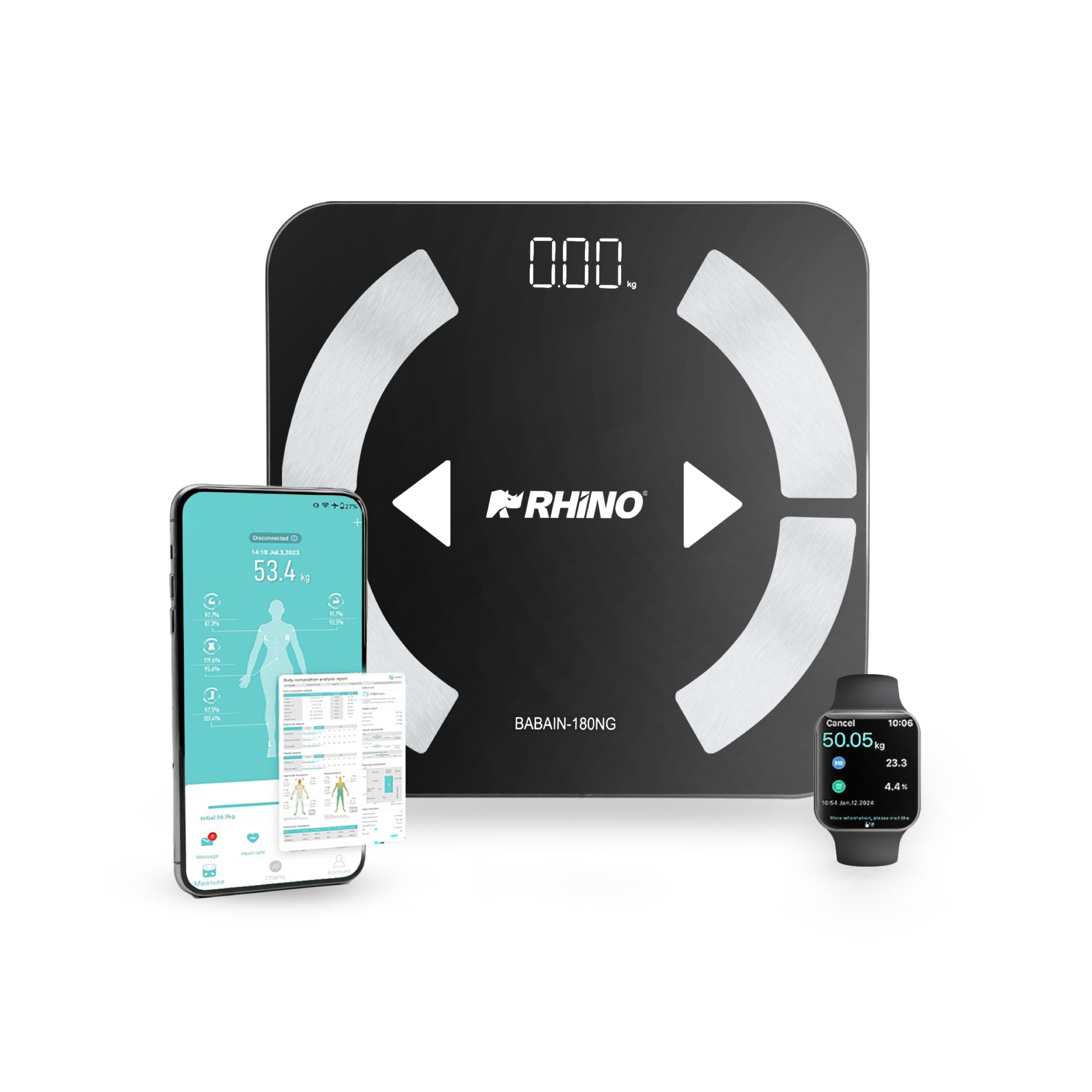 Báscula Inteligente para Peso Corporal de 180 kg con Bluetooth y Pantalla LED 8pz Rhino BABAIN-180NG